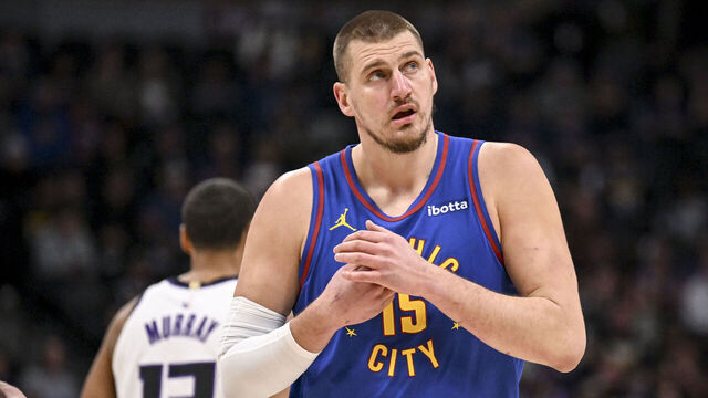 DENVER, CO - JANUARY 23: Nikola Jokic (15) of the Denver Nuggets walks back to the offensive end against the Sacramento Kings during the first quarter at Ball Arena in Denver, Colorado on Thursday, January 23, 2025.