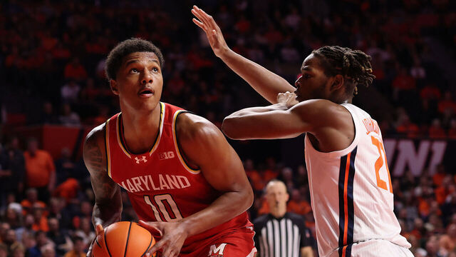 CHAMPAIGN, ILLINOIS - JANUARY 23: Julian Reese #10 of the Maryland Terrapins goes up for a layup against Morez Johnson Jr. #21 of the Illinois Fighting Illini during the second half at State Farm Center on January 23, 2025 in Champaign, Illinois.
