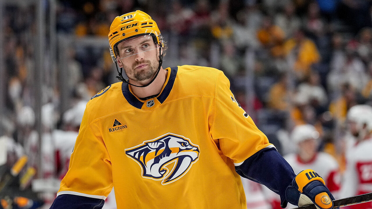 NASHVILLE, TENNESSEE - OCTOBER 19: Cole Smith #36 of the Nashville Predators skates against the Detroit Red Wings during an NHL game at Bridgestone Arena on October 19, 2024 in Nashville, Tennessee.
