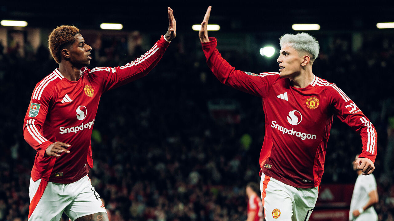 MANCHESTER, ENGLAND - SEPTEMBER 17: Marcus Rashford of Manchester United celebrates scoring their first goal during the Carabao Cup Third Round match between Manchester United and Barnsley at Old Trafford on September 17, 2024 in Manchester, England.