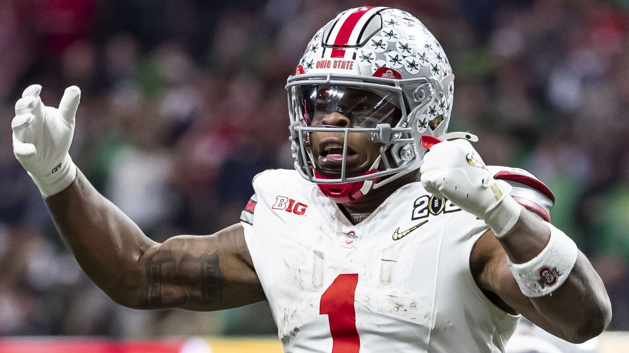 ATLANTA, GEORGIA - JANUARY 20: Quinshon Judkins #1 of the Ohio State Buckeyes celebrates a touchdown during a game between the Ohio State Buckeyes and the Notre Dame Fighting Irish at Mercedes-Benz Stadium on January 20, 2025 in Atlanta, Georgia.
