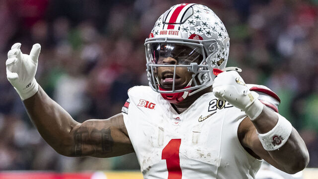 ATLANTA, GEORGIA - JANUARY 20: Quinshon Judkins #1 of the Ohio State Buckeyes celebrates a touchdown during a game between the Ohio State Buckeyes and the Notre Dame Fighting Irish at Mercedes-Benz Stadium on January 20, 2025 in Atlanta, Georgia.