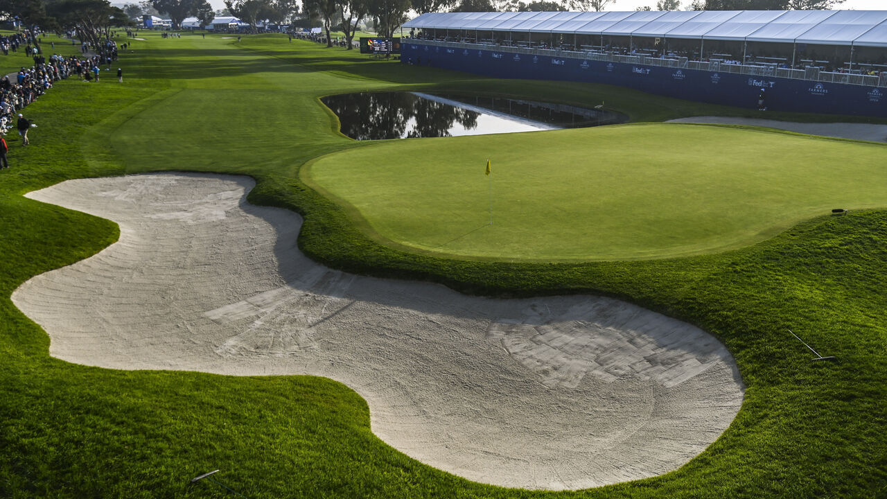 SAN DIEGO, CA - JANUARY 25: A course scenic view of the 18th hole green during the third round of the Farmers Insurance Open on Torrey Pines South on January 25, 2020 in San Diego, California.