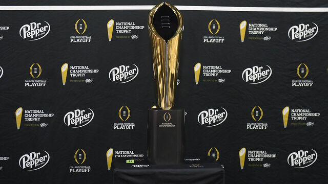 ATLANTA, GEORGIA - JANUARY 18: A detailed view of the CFP National Championship Trophy during media day at the Georgia World Congress Center prior to the 2025 CFP National Championship between the Ohio State Buckeyes and Notre Dame Fighting Irish on January 18, 2025 in Atlanta, Georgia.