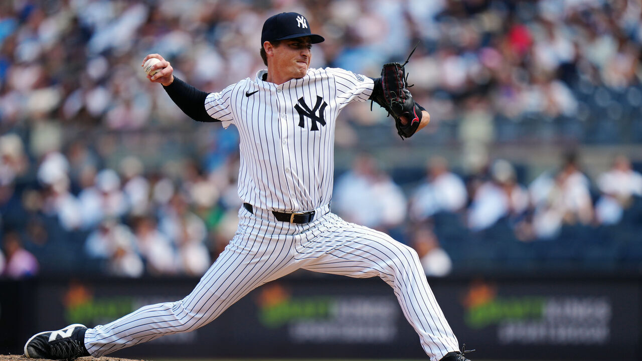NEW YORK, NY - AUGUST 10: Ron Marinaccio #97 of the New York Yankees pitches during the game between the Texas Rangers and the New York Yankees at Yankee Stadium on Saturday, August 10, 2024 in New York, New York.