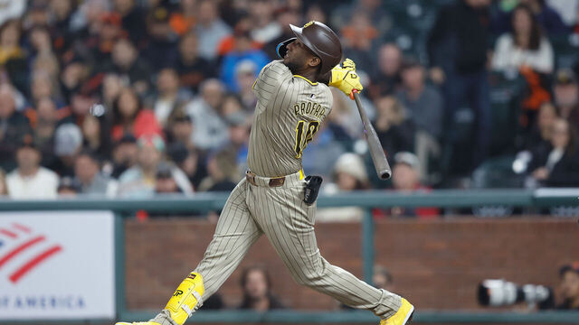 SAN FRANCISCO, CALIFORNIA - SEPTEMBER 13: Jurickson Profar #10 of the San Diego Padres at bat against the San Francisco Giants at Oracle Park on September 13, 2024 in San Francisco, California.
