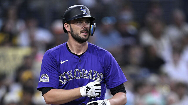 SAN DIEGO, CALIFORNIA - AUGUST 02: Kris Bryant #23 of the Colorado Rockies looks on after being hit by a pitch during the fourth inning against the San Diego Padres at Petco Park on August 02, 2024 in San Diego, California.