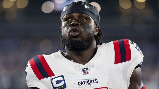 EAST RUTHERFORD, NEW JERSEY - SEPTEMBER 19: Jabrill Peppers #5 of the New England Patriots reacts as he looks on during the national anthem prior to an NFL football game between the New York Jets and the New England Patriots at MetLife Stadium on September 19, 2024 in East Rutherford, New Jersey.