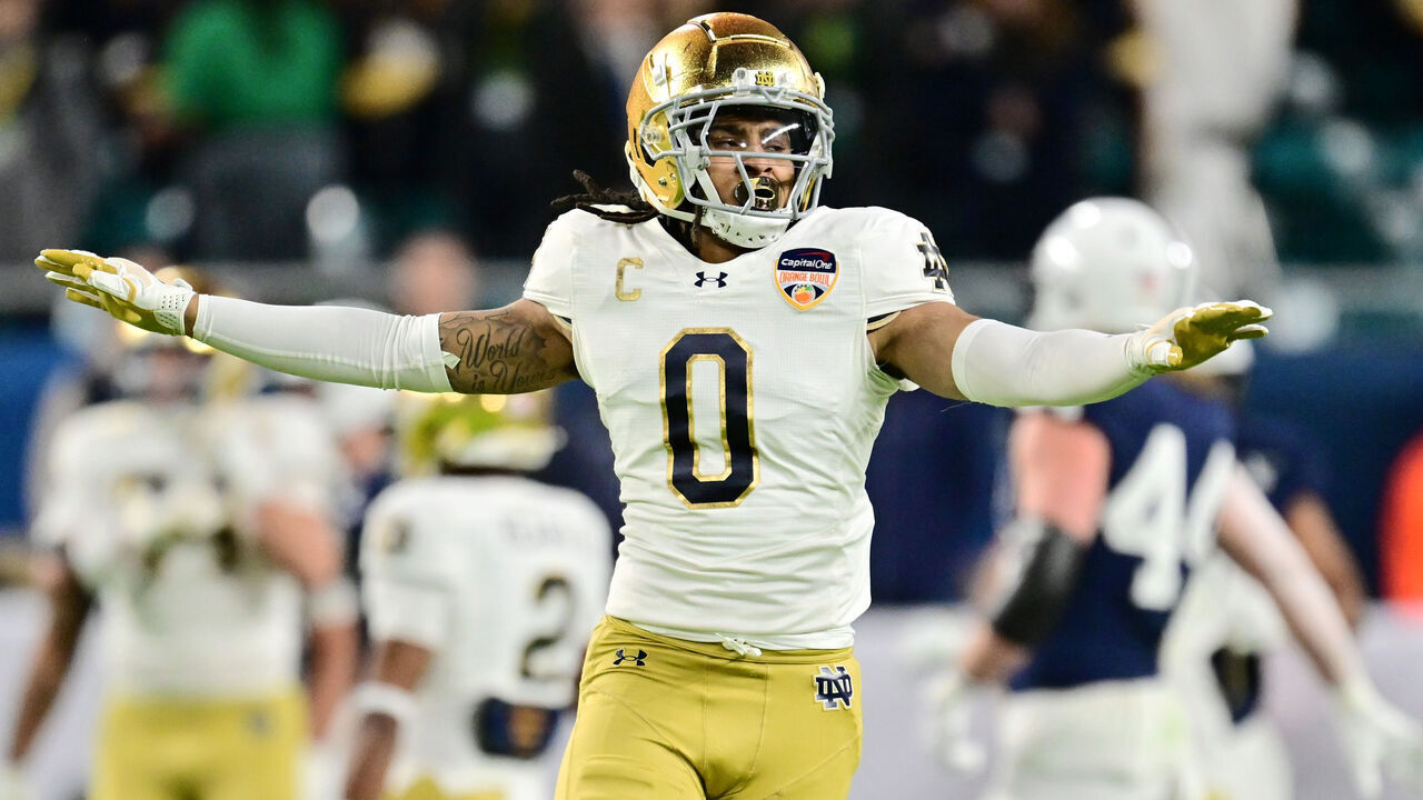 MIAMI GARDENS, FLORIDA - JANUARY 9: Xavier Watts #0 of the Notre Dame Fighting Irish reacts after a third down stop against the Penn State Nittany Lions during the first half of the 2025 Orange Bowl at Hard Rock Stadium on January 9, 2025 in Miami Gardens, Florida.