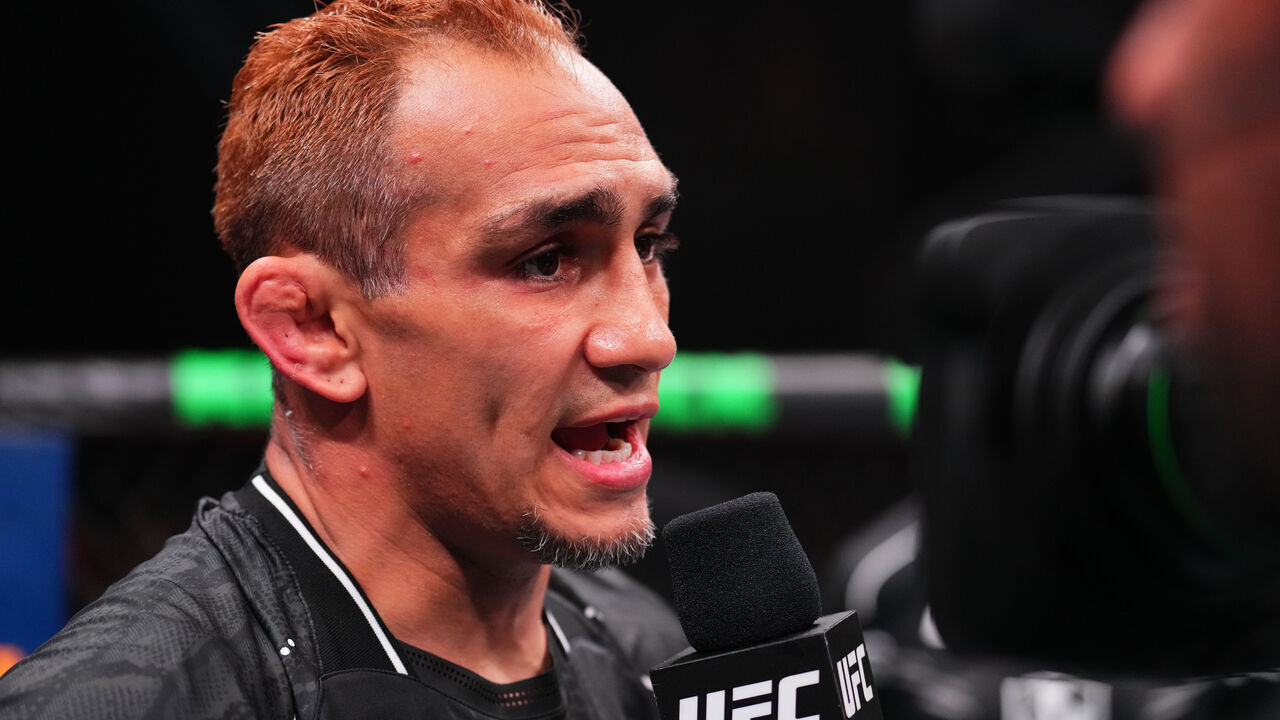 ABU DHABI, UNITED ARAB EMIRATES - AUGUST 03: Tony Ferguson is interviewed after being submitted by Michael Chiesa in a welterweight fight during the UFC Fight Night event at Etihad Arena on August 03, 2024 in Abu Dhabi, United Arab Emirates.
