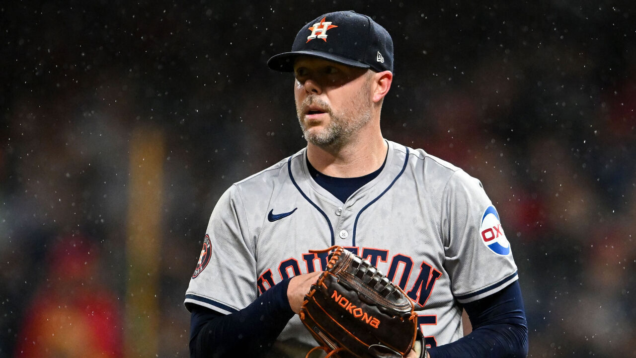 CLEVELAND, OHIO - SEPTEMBER 28: Ryan Pressly #55 of the Houston Astros looks on during the eighth inning against the Cleveland Guardians at Progressive Field on September 28, 2024 in Cleveland, Ohio.