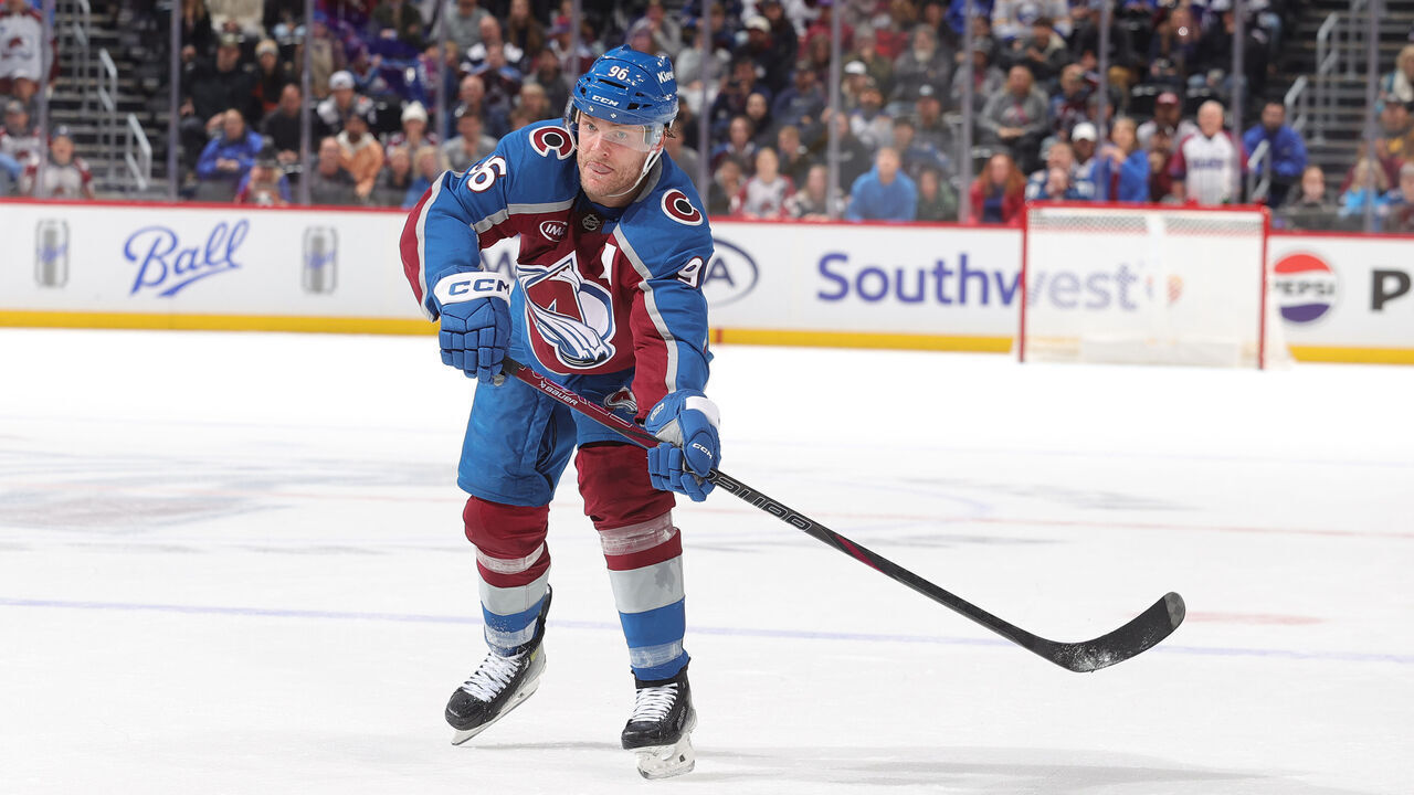 DENVER, COLORADO - JANUARY 02: Mikko Rantanen #96 of the Colorado Avalanche passes against the Buffalo Sabres at Ball Arena on January 2, 2025 in Denver, Colorado.