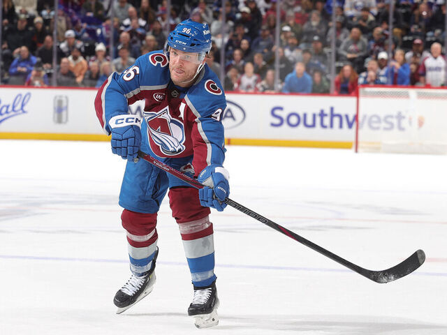 DENVER, COLORADO - JANUARY 02: Mikko Rantanen #96 of the Colorado Avalanche passes against the Buffalo Sabres at Ball Arena on January 2, 2025 in Denver, Colorado.