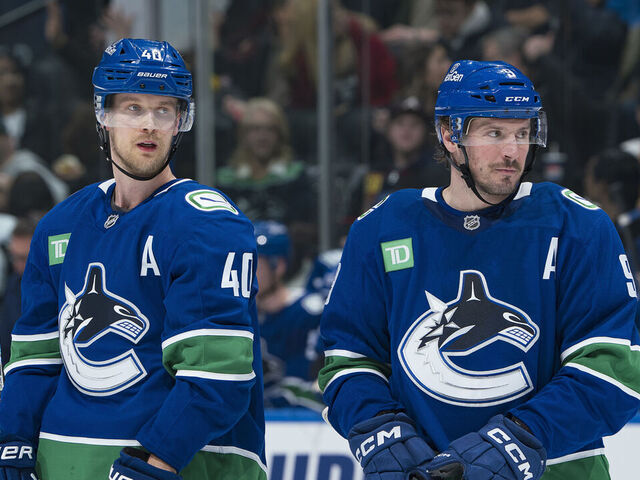 VANCOUVER, CANADA - JANUARY 16: Elias Pettersson #40 and J.T. Miller #9 of the Vancouver Canucks skate up ice during their NHL game against the Los Angeles Kings at Rogers Arena on January 16, 2025 in Vancouver, British Columbia, Canada.