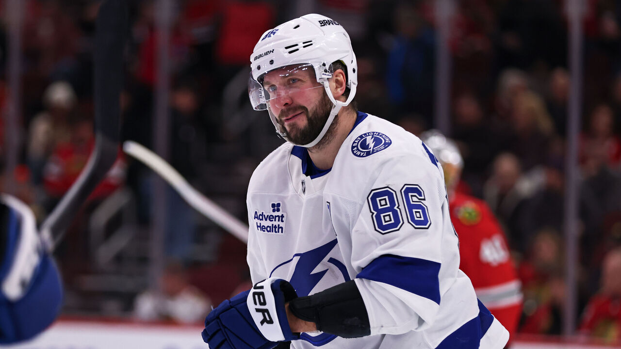 CHICAGO, IL - JANUARY 24: Nikita Kucherov #86 of the Tampa Bay Lightning celebrates after scoring a goal during overtime against the Chicago Blackhawks on January 24, 2025 at the United Center in Chicago, Illinois.