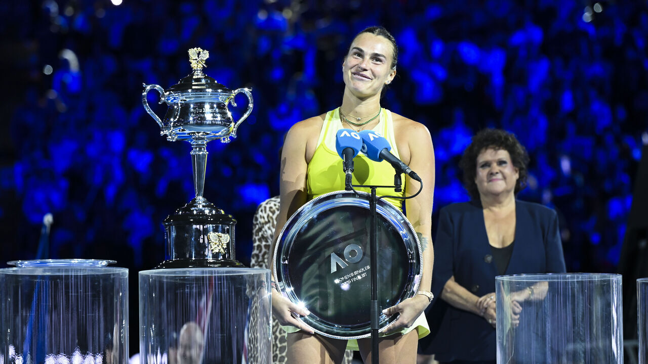MELBOURNE, AUSTRALIA - JANUARY 25: Aryna Sabalenka, during the presentations at the final of the Australian Open grand slam tennis tournament at Melbourne Park in Melbourne, Australia on January 25, 2025
