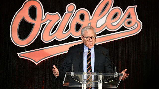 BALTIMORE, MARYLAND - MARCH 28: Majority owner David Rubenstein of the Baltimore Orioles talks to the media during a press conference ahead of Opening Day at Oriole Park at Camden Yards on March 28, 2024 in Baltimore, Maryland.