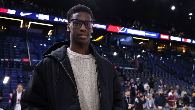 PARIS, FRANCE - JANUARY 23: AJ Dybantsa poses for a photograph before the game between the San Antonio Spurs and the Indiana Pacers on January 23, 2025 at The Accor Arena in Paris, France. Mandatory Copyright Notice: Copyright 2025 NBAE