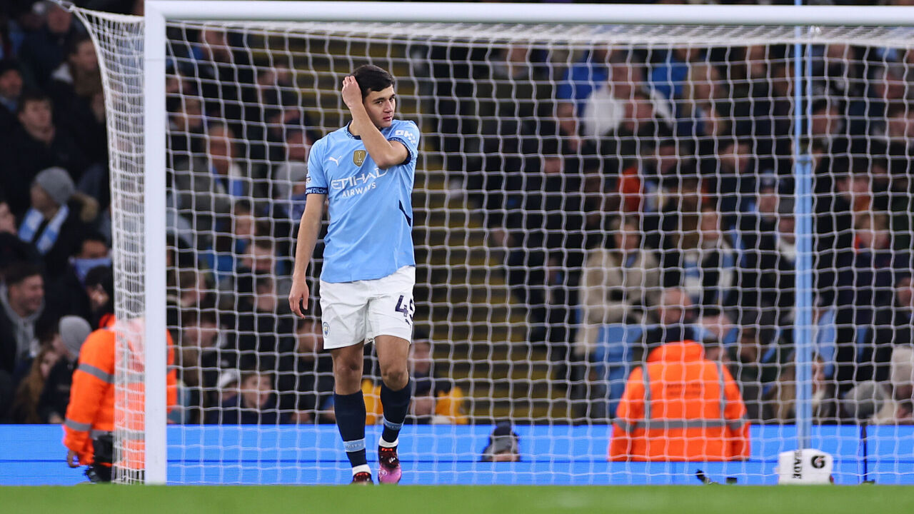 MANCHESTER, ENGLAND - JANUARY 25: Abdukodir Khusanov of Manchester City reacts during the Premier League match between Manchester City FC and Chelsea FC at Etihad Stadium on January 25, 2025 in Manchester, England.