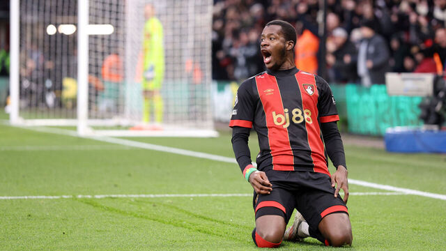 BOURNEMOUTH, ENGLAND - JANUARY 25: Dango Ouattara of AFC Bournemouth celebrates scoring his team's second goal during the Premier League match between AFC Bournemouth and Nottingham Forest FC at Vitality Stadium on January 25, 2025 in Bournemouth, England.