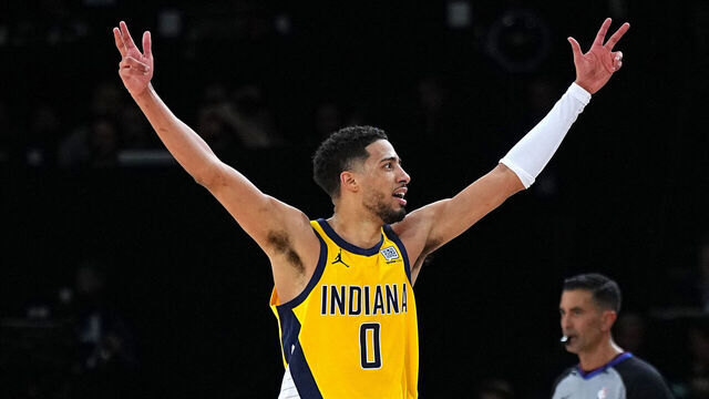 PARIS, FRANCE - JANUARY 25: Tyrese Haliburton #0 of the Indiana Pacers celebrates three point basket during the game against the San Antonio Spurs on January 25, 2025 at The Accor Arena in Paris, France. Mandatory Copyright Notice: Copyright 2025 NBAE