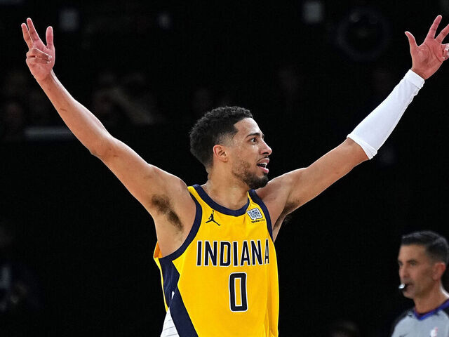 PARIS, FRANCE - JANUARY 25: Tyrese Haliburton #0 of the Indiana Pacers celebrates three point basket during the game against the San Antonio Spurs on January 25, 2025 at The Accor Arena in Paris, France. Mandatory Copyright Notice: Copyright 2025 NBAE
