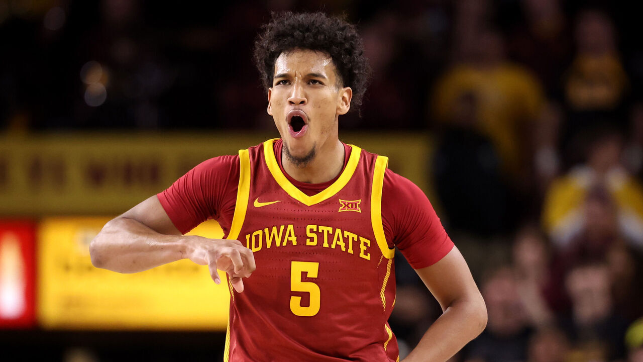 TEMPE, ARIZONA - JANUARY 25: Curtis Jones #5 of the Iowa State Cyclones reacts after making a three-point basket during the second half against the Arizona State Sun Devils at Desert Financial Arena on January 25, 2025 in Tempe, Arizona.