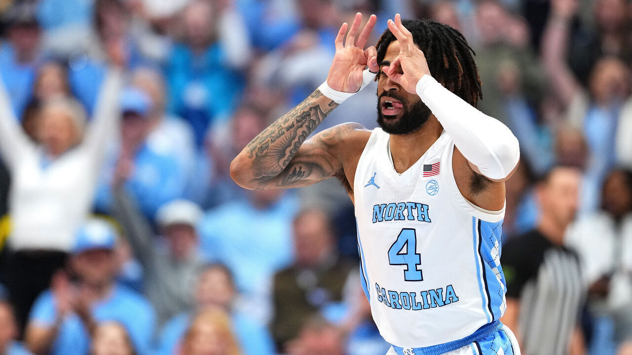 CHAPEL HILL, NORTH CAROLINA - JANUARY 25: RJ Davis #4 of the North Carolina Tar Heels reacts after making a three-point basket against the Boston College Eagles during the first half at the Dean E. Smith Center on January 25, 2025 in Chapel Hill, North Carolina.