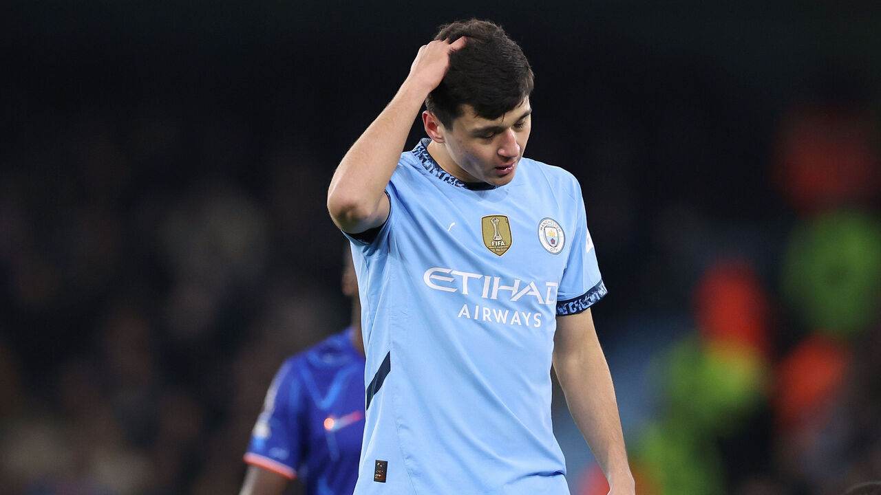 MANCHESTER, ENGLAND - JANUARY 25: Abdukodir Khusanov of Manchester City looks dejected during the Premier League match between Manchester City FC and Chelsea FC at Etihad Stadium on January 25, 2025 in Manchester, England.