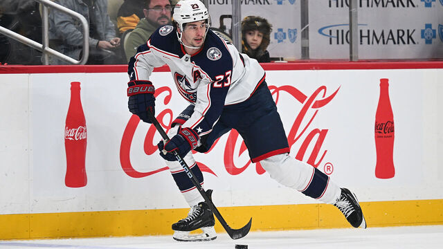 PITTSBURGH, PENNSYLVANIA - JANUARY 7: Sean Monahan #23 of the Columbus Blue Jackets skates with the puck in the second period during the game against the Pittsburgh Penguins at PPG PAINTS Arena on January 7, 2025 in Pittsburgh, Pennsylvania.