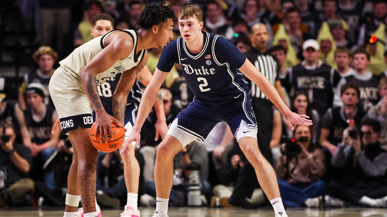 WINSTON SALEM, NORTH CAROLINA - JANUARY 25: Cooper Flagg #2 of the Duke Blue Devils defends Juke Harris #2 of the Wake Forest Demon Deacons during the first half of a basketball game at Lawrence Joel Veterans Memorial Coliseum on January 25, 2025 in Winston Salem, North Carolina.