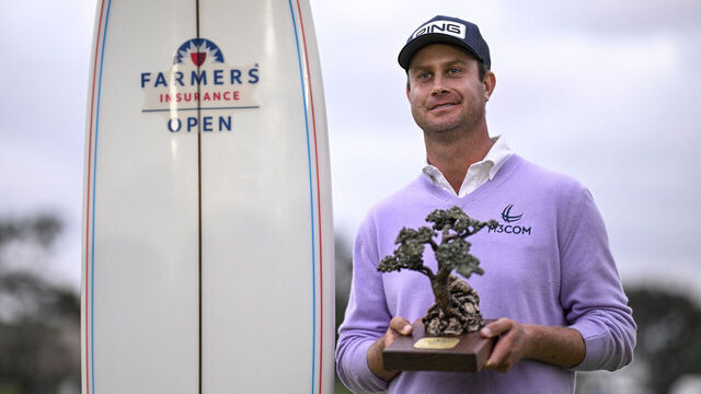 LA JOLLA, CALIFORNIA - JANUARY 25: Harris English poses with the trophy after winning the Farmers Insurance Open 2025 at Torrey Pines Golf Course on January 25, 2025 in La Jolla, California.