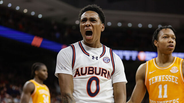 AUBURN, ALABAMA - JANUARY 25: Tahaad Pettiford #0 of the Auburn Tigers reacts after scoring a basket during the second half against the Tennessee Volunteers at Neville Arena on January 25, 2025 in Auburn, Alabama.