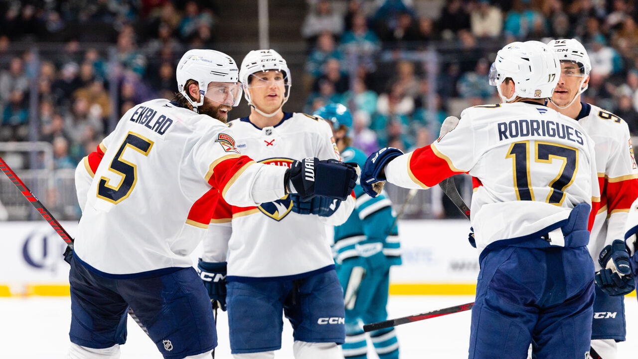 SAN JOSE, CA - JANUARY 25: Florida Panthers defenseman Aaron Ekblad (5) celebrates a goal in the first period during a NHL game on January 25, 2025 at SAP Center at San Jose in San Jose, CA.