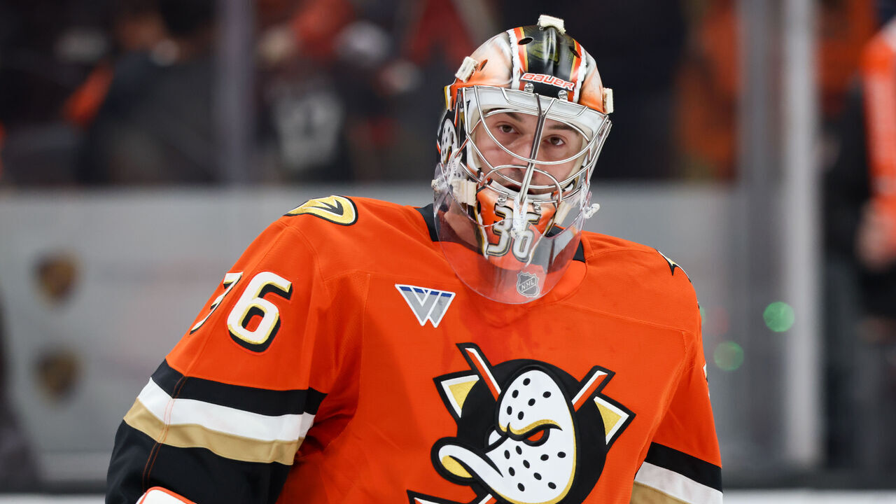 ANAHEIM, CA - JANUARY 25: John Gibson #36 of the Anaheim Ducks smiles during warm ups prior to the game against the Nashville Predators at Honda Center on January 25, 2025 in Anaheim, California.