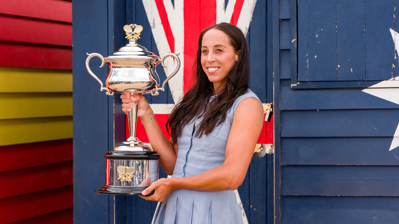 MELBOURNE, AUSTRALIA - JANUARY 26: Madison Keys of the United States poses with the Daphne Akhurst Memorial Cup during the 2025 Australian Open Women's champion media opportunity at Brighton Life Saving Club on January 26, 2025 in Melbourne, Australia.