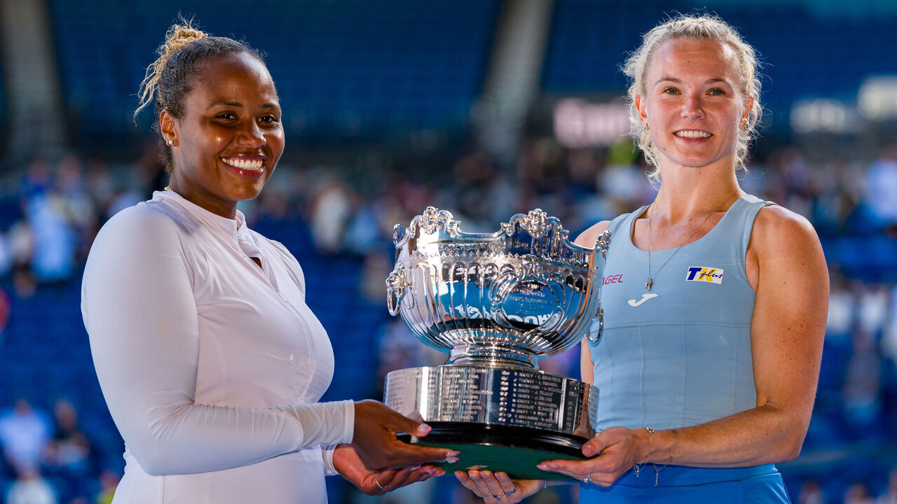 MELBOURNE, AUSTRALIA - JANUARY 26: Katerina Siniakova (R) of Czechia and Taylor Townsend of the United States pose with the trophy after winning their Women’s Doubles Final match against Su-Wei Hsieh of Chinese Taipei and Jelena Ostapenko of Latvia during day 15 of the 2025 Australian Open at Melbourne Park on January 26, 2025 in Melbourne, Australia.