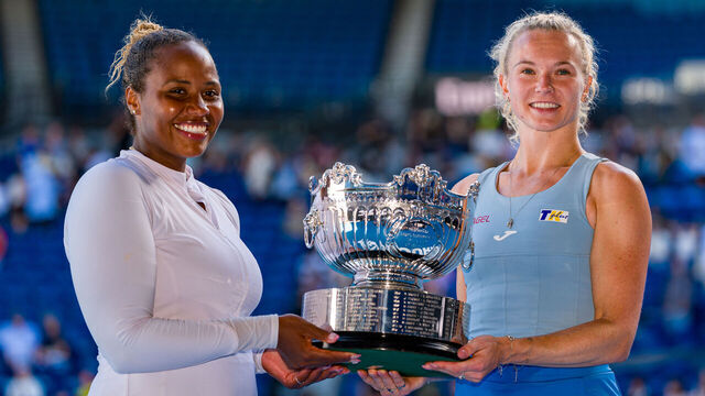 MELBOURNE, AUSTRALIA - JANUARY 26: Katerina Siniakova (R) of Czechia and Taylor Townsend of the United States pose with the trophy after winning their Women’s Doubles Final match against Su-Wei Hsieh of Chinese Taipei and Jelena Ostapenko of Latvia during day 15 of the 2025 Australian Open at Melbourne Park on January 26, 2025 in Melbourne, Australia.