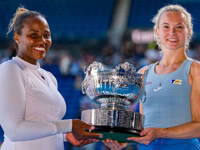 MELBOURNE, AUSTRALIA - JANUARY 26: Katerina Siniakova (R) of Czechia and Taylor Townsend of the United States pose with the trophy after winning their Women’s Doubles Final match against Su-Wei Hsieh of Chinese Taipei and Jelena Ostapenko of Latvia during day 15 of the 2025 Australian Open at Melbourne Park on January 26, 2025 in Melbourne, Australia.