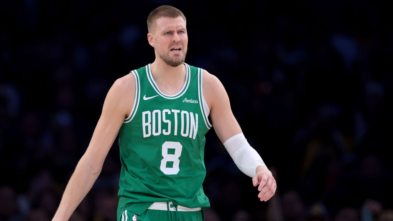 LOS ANGELES, CALIFORNIA - JANUARY 23: Kristaps Porzingis #8 of the Boston Celtics reacts after his foul during a 117-96 loss to the Los Angeles Lakers at Crypto.com Arena on January 23, 2025 in Los Angeles, California.
