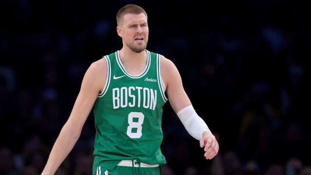 LOS ANGELES, CALIFORNIA - JANUARY 23: Kristaps Porzingis #8 of the Boston Celtics reacts after his foul during a 117-96 loss to the Los Angeles Lakers at Crypto.com Arena on January 23, 2025 in Los Angeles, California.