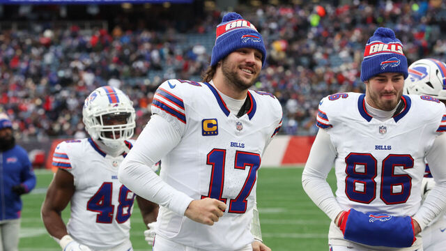 FOXBOROUGH, MASSACHUSETTS - JANUARY 5: Josh Allen #17 of the Buffalo Bills exits the field after halftime during a game against the New England Patriots at the Gillette Stadium on January 5, 2025 in Foxborough, Massachusetts. The Patriots won 23-16.