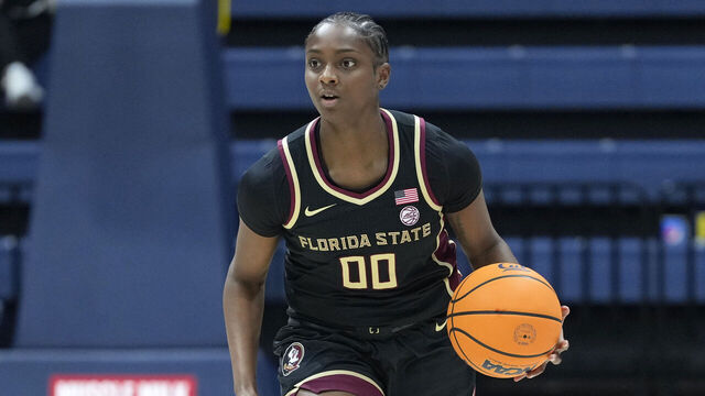BERKELEY, CALIFORNIA - JANUARY 12: Ta'Niya Latson #00 of the Florida State Seminoles dribbles the ball up court against the California Golden Bears during the first half of a women's NCAA basketball game at Haas Pavilion on January 12, 2025 in Berkeley, California.