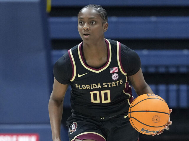 BERKELEY, CALIFORNIA - JANUARY 12: Ta'Niya Latson #00 of the Florida State Seminoles dribbles the ball up court against the California Golden Bears during the first half of a women's NCAA basketball game at Haas Pavilion on January 12, 2025 in Berkeley, California.