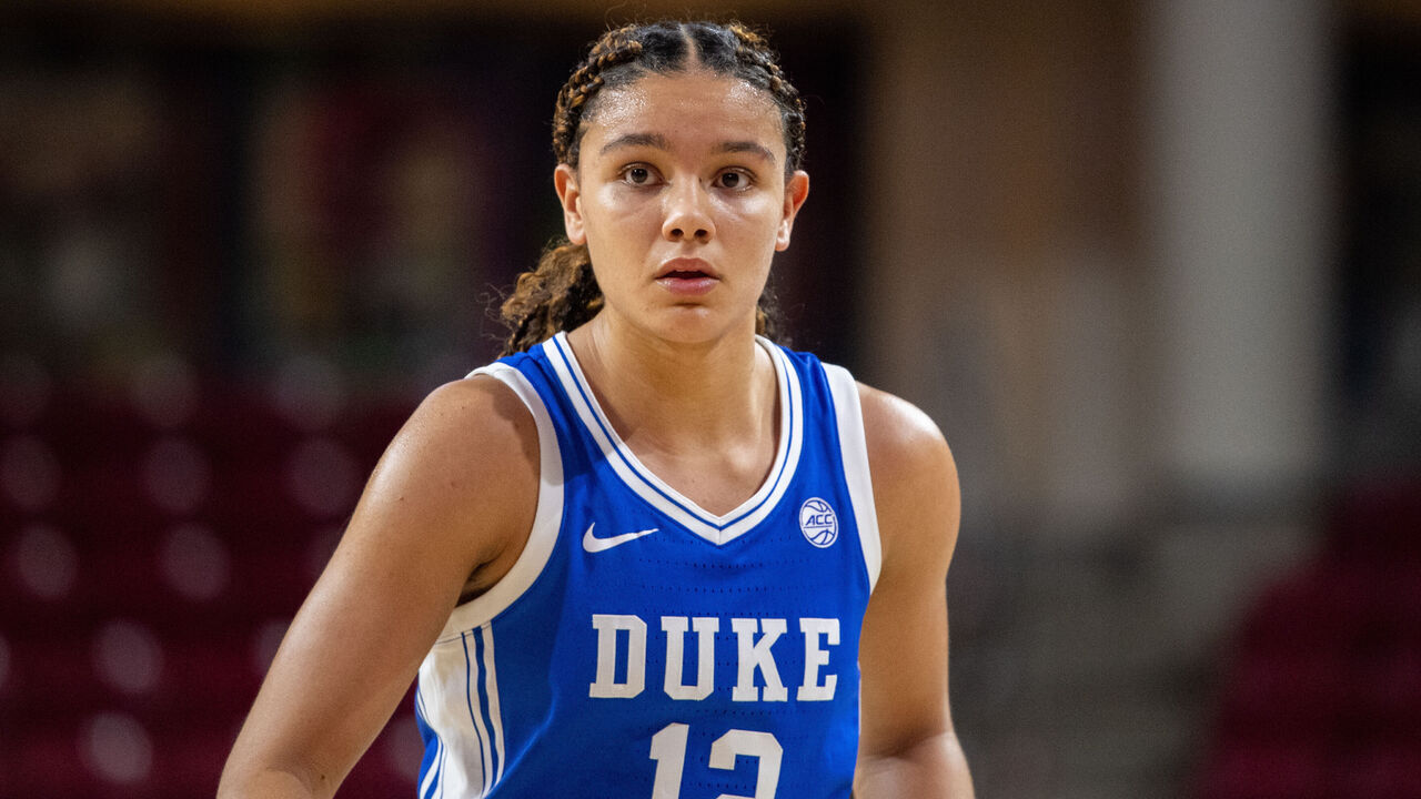 CHESTNUT HILL, MA - JANUARY 02: Duke Blue Devils forward Delaney Thomas (12) looks on during a women's college basketball game between the Duke Blue Devils and the Boston College Eagles on January 2, 2025, at Conte Forum in Chestnut Hill, MA.
