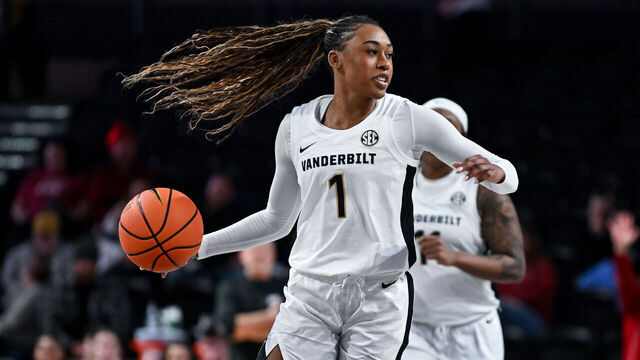 NASHVILLE, TENNESSEE - JANUARY 23: Mikayla Blakes #1 of the Vanderbilt Commodores drives towards the basket against the Arkansas Razorbacks in the second half at Vanderbilt University Memorial Gymnasium on January 23, 2025 in Nashville, Tennessee.
