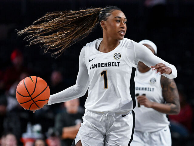 NASHVILLE, TENNESSEE - JANUARY 23: Mikayla Blakes #1 of the Vanderbilt Commodores drives towards the basket against the Arkansas Razorbacks in the second half at Vanderbilt University Memorial Gymnasium on January 23, 2025 in Nashville, Tennessee.