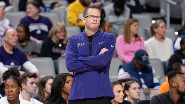 FORT WORTH, TX - DECEMBER 08: TCU head coach Mark Campbell looks on from the sideline during the college basketball game between the TCU Horned Frogs and South Carolina Gamecocks on December 8, 2024 at Dickies Arena in Fort Worth, Texas.