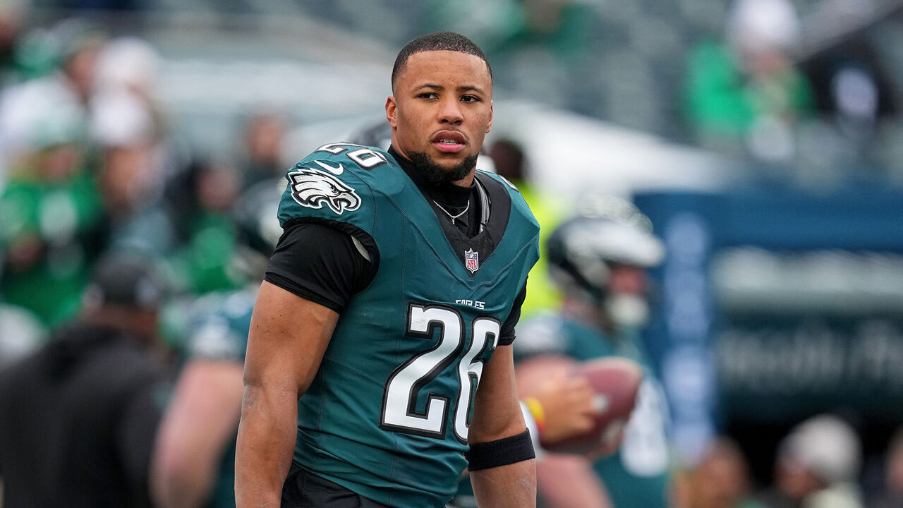 PHILADELPHIA, PENNSYLVANIA - JANUARY 26: Saquon Barkley #26 of the Philadelphia Eagles looks on prior to the NFC Championship Game against the Washington Commanders at Lincoln Financial Field on January 26, 2025 in Philadelphia, Pennsylvania.