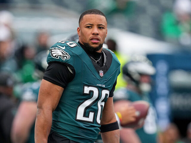 PHILADELPHIA, PENNSYLVANIA - JANUARY 26: Saquon Barkley #26 of the Philadelphia Eagles looks on prior to the NFC Championship Game against the Washington Commanders at Lincoln Financial Field on January 26, 2025 in Philadelphia, Pennsylvania.